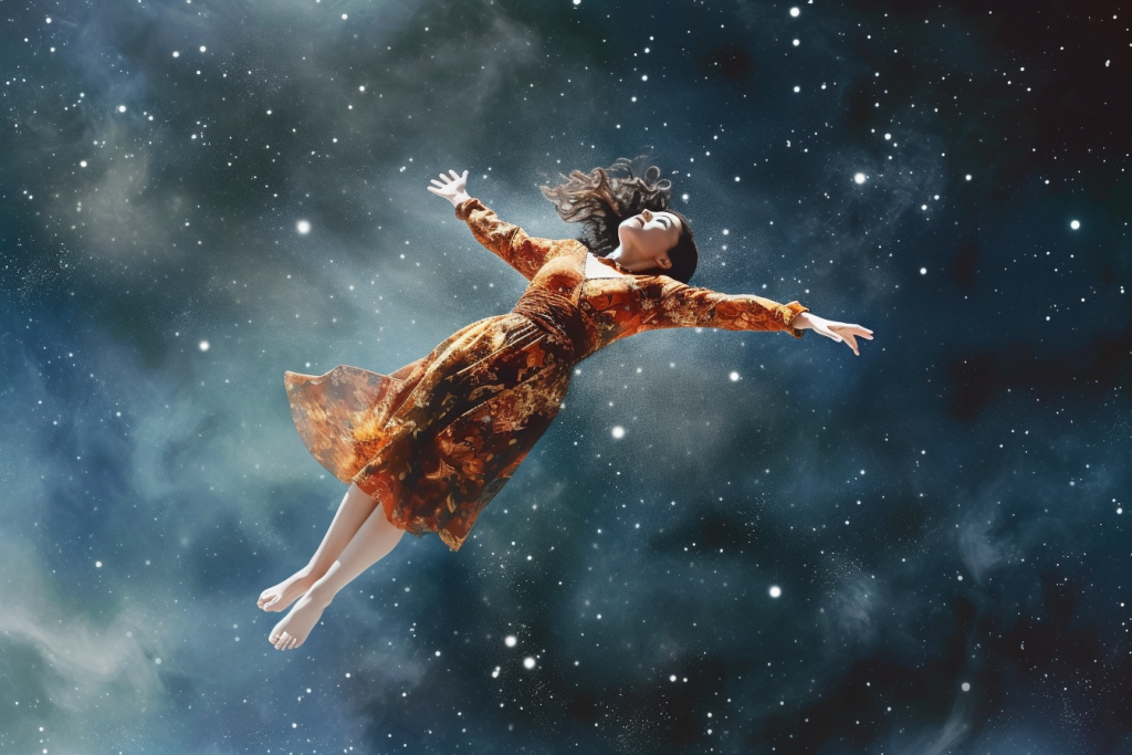 Frau fliegt durch Universum als Symbolbild für Wünsche ans Universum